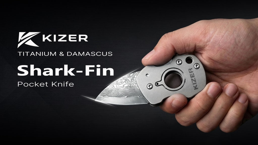 Shark-Fin Blade EDC Pocket Knife in Titanium & Damascus